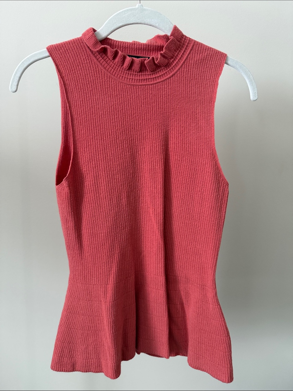 Express Ribbed Sleeveless Mock Neck Top in Coral Pink